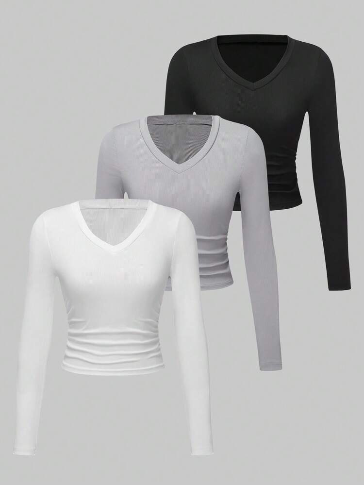 3pcs Solid V Neck Tee Fall Cloth For Women