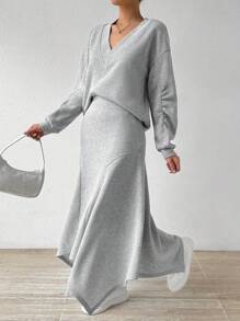 Chiquease V-Neck Folds Drop Shoulder Fleece Sweatshirt And Asymmetric Hem Skirt Autumn And Winter Two-Piece Set Fall Cloth For Women - Light Grey - View 6