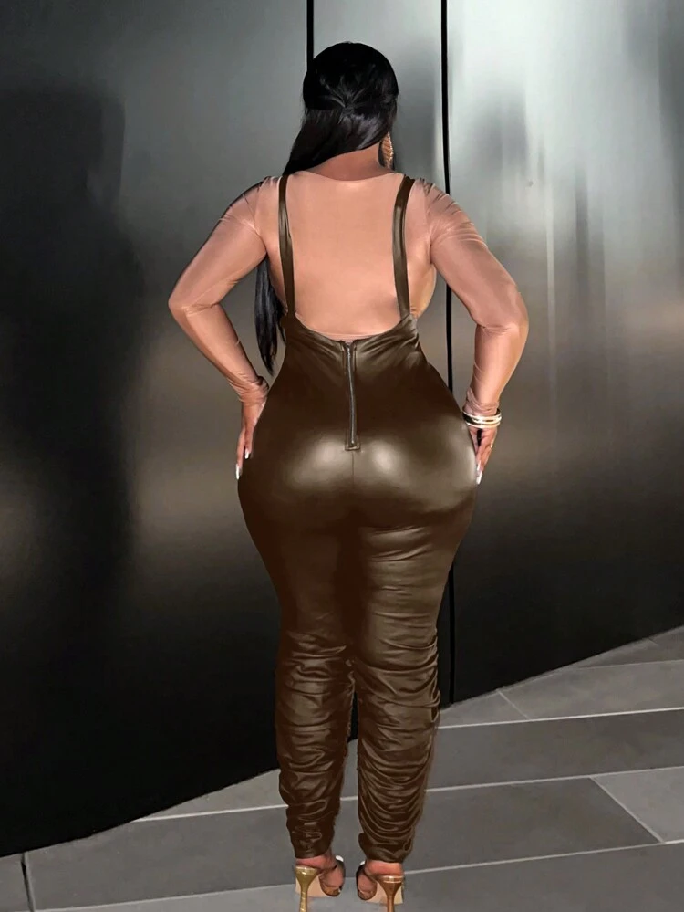 Women's Plus Size Zipper Back Wrinkle Detail Skinny Jumpsuit