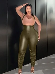 Slaydiva Jumpsuit Ukuran Plus Backless Ruched Zip Plain Pesta - Hijau Tentara - View 1