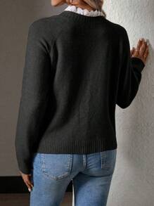SHEIN LUNE Áo len nữ tay raglan phối ren và cúc, áo dài tay dệt kim kiểu dáng chui đầu mùa thu đông. - màu đen - Xem 2