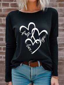 SHEIN LUNE Letter & Heart Printed Drop Shoulder T-shirt - Black - View 3