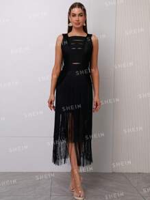 露肩性感流蘇綁帶緊身連身裙,適用於雞尾酒派對 - 黑色 - 查看 5
