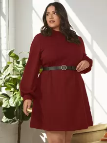 SHEIN Clasi Plus Size Lantern Sleeve Solid Color Dress Without Belt - Red - View 1