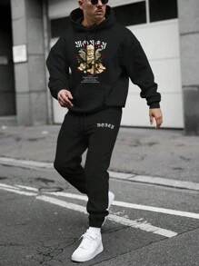 Manfinity Homme Men's Plus Size Angel Pattern Hooded Sweatshirt And Sweatpants Set With Drawstring - Black - View 1