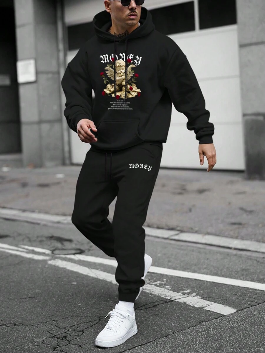 Manfinity Homme Men's Plus Size Angel Pattern Hooded Sweatshirt And Sweatpants Set With Drawstring - Black - View 1
