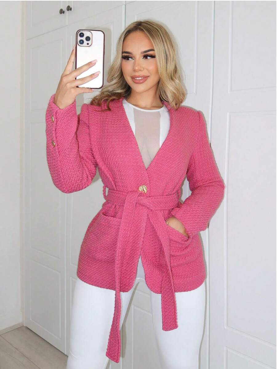 SHEIN SXY Women Valentine's Day Woolen Coat With Cinching Waist And Pockets - Pink - View 1
