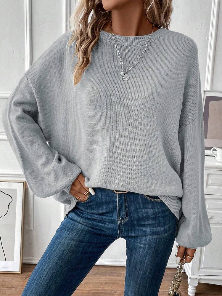 Solid Color Drop Shoulder Rib Knitted Sweater Fall Winter
