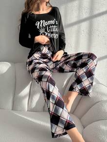 Letter Print Long Sleeve Top And Plaid Pants Pajama Set - Black - View 3