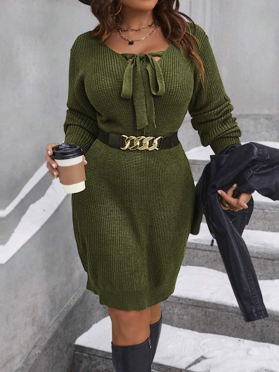 Calvaya Kích thước lớn Sọc Textured Đầm Áo len Với Mặt trước Chi tiết cà vạt , Thắt lưng Không bao gồm - màu xanh lá - Xem 1