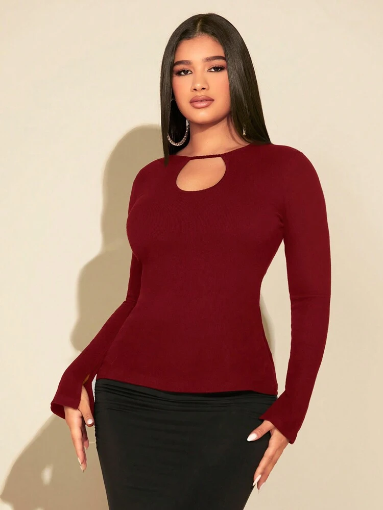 Women's Solid Color Keyhole-neck T-shirt With Cut-out Design