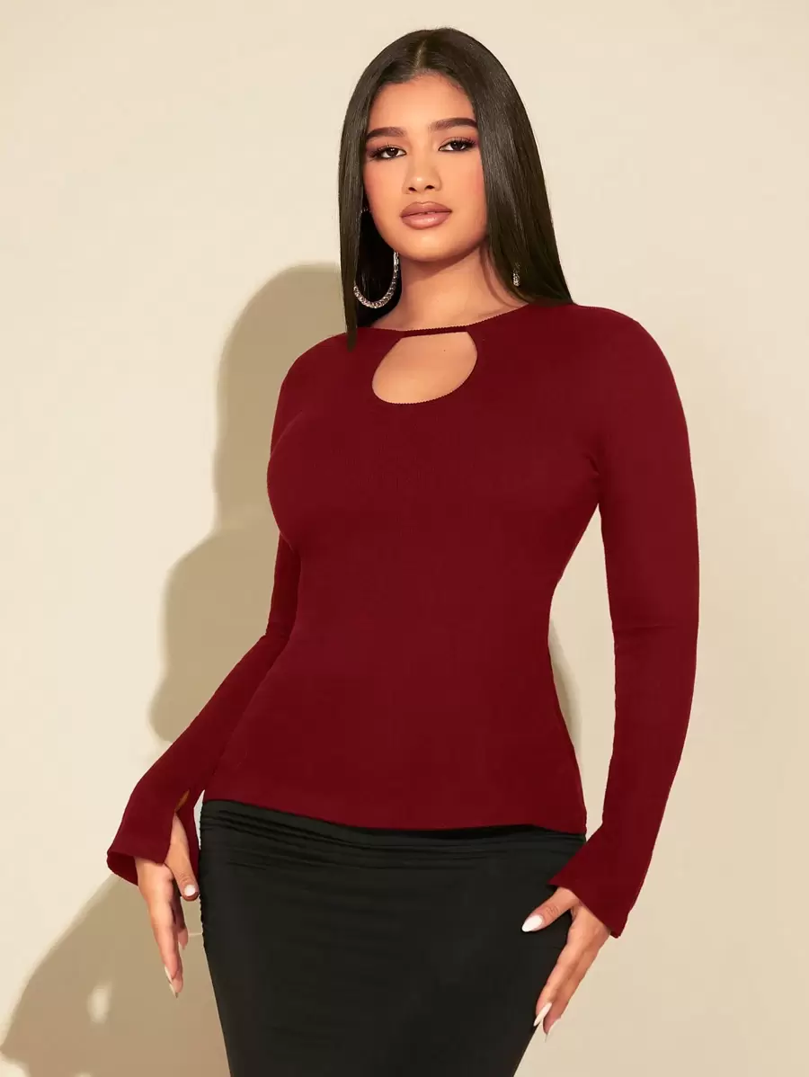 SHEIN SXY Women's Solid Color Keyhole-neck T-shirt With Cut-out Design - Burgundy - View 1