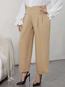 SHEIN Privé Women's Plus Size Buttoned High-waisted Pleated Pants - Camel - View 1
