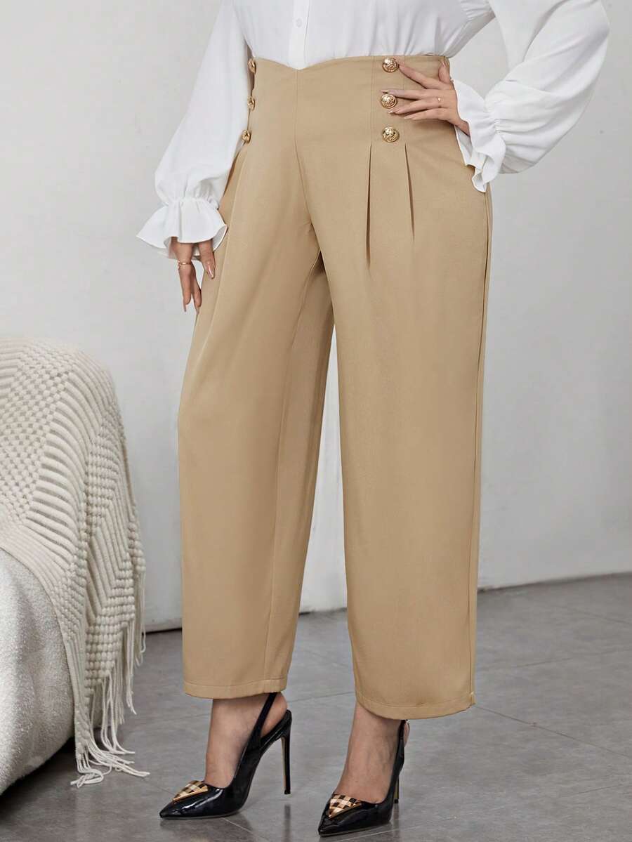 SHEIN Privé Women's Plus Size Buttoned High-waisted Pleated Pants - Camel - View 1