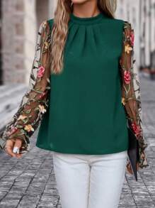 SHEIN Clasi Camisa de mujeres de malla con con bordado floral con retazo - Verde Oscuro - Ver 5