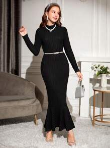 青少女純色套頭長袖連衣裙,魚尾設計 - 黑色 - 查看 1