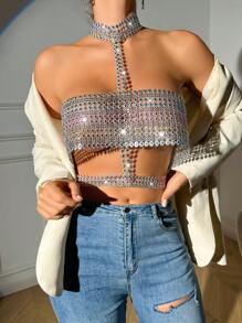 SHEIN SXY Women's Diamond-Studded Halter Neck Top - Multicolor - View 3