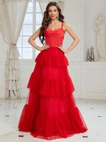 SHEIN Belle Vestido De Noche De Tul En Capas Con Corpiño Plisado Y Detalle De Espina De Pescado Para Mujer (resistente) - Rojo - Ver 6