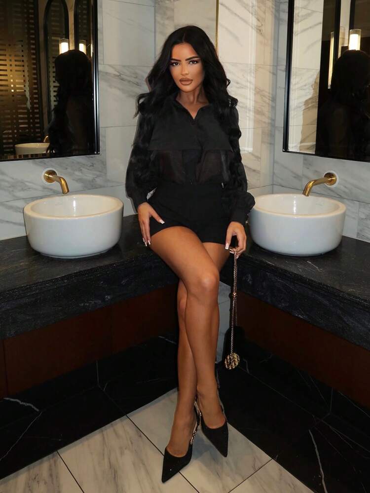 New Year See-Through Ruffled Collar Sheer Shirt