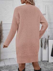 SHEIN Essnce 純色落肩圓領大輪廓毛衣連身裙 - 藕粉色 - 查看 2