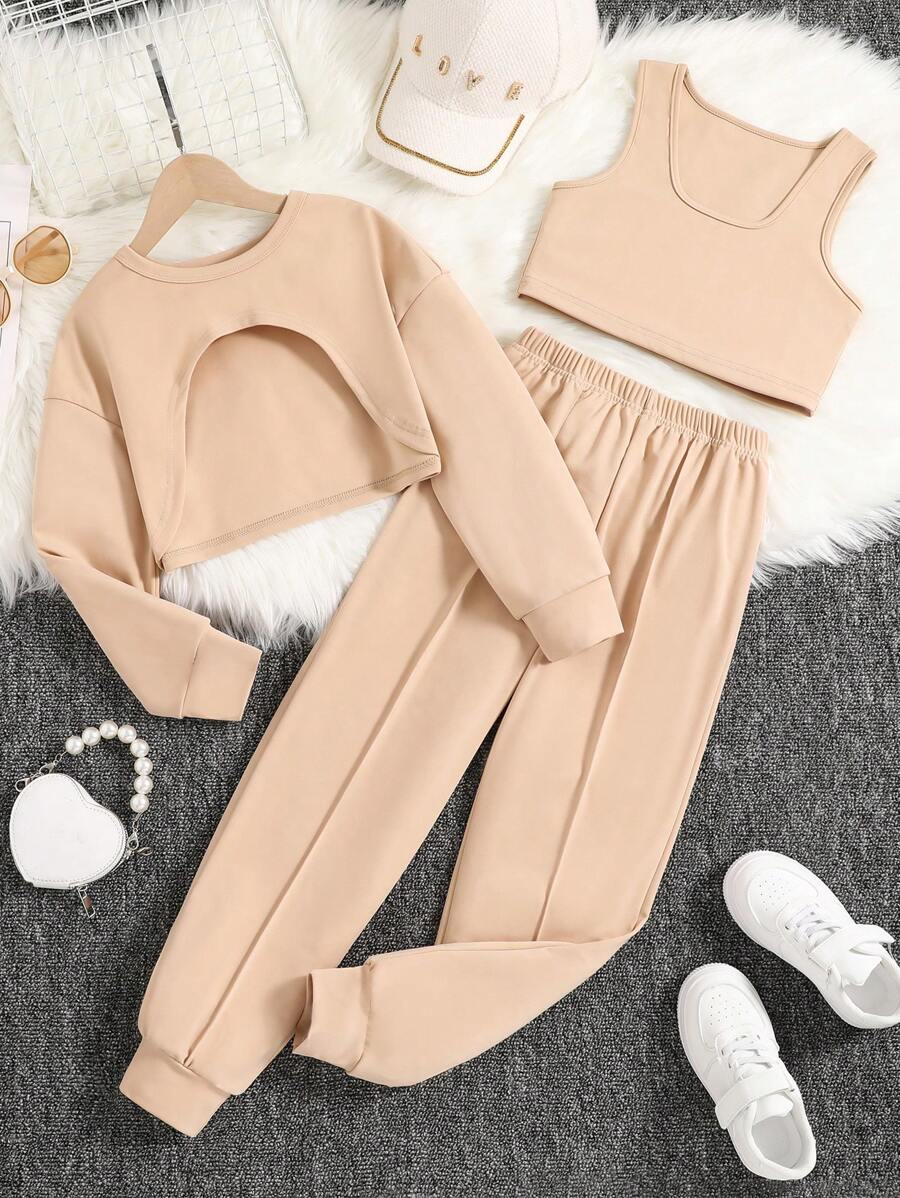 Conjunto De 3 Piezas De Chaleco, Sudadera Y Pantalón Deportivo De Color Liso Para Niñas - Caqui - Ver 1