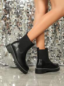 Botas Sin Cordones De Tacón Grueso/alto Para Mujer Con Banda Elástica, Botines, Botas Y Botas Cortas Negras De Invierno - Negro - Ver 2