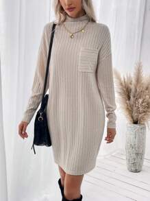 SHEIN LUNE Của phụ nữ Đứng cổ áo Thả vai Váy áo thun Với Sọc Hem Và Túi - Màu be - Xem 1