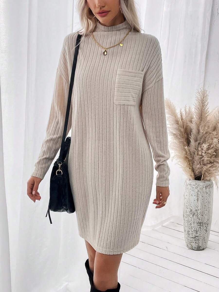 SHEIN LUNE Của phụ nữ Đứng cổ áo Thả vai Váy áo thun Với Sọc Hem Và Túi - Màu be - Xem 1