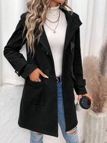 SHEIN LUNE Abrigo con capucha con botones de cuerno - Negro - Ver 4