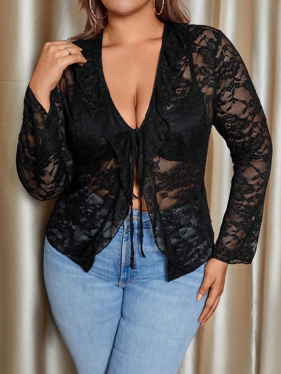 Celure Của phụ nữ Kích thước lớn Xù ren Lace-up Áo - màu đen - Xem 1