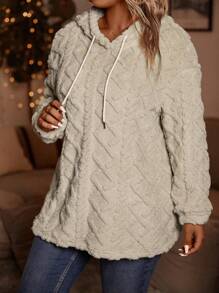 Plus Size Women Fluffy Drawstring Hooded Sweatshirt, Autumn/Winter - Apricot - View 6