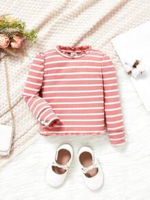 SHEIN Camiseta De Bebé Niña Con Ribete De Lechuga Y Estampado De Rayas - Rosa - Ver 1