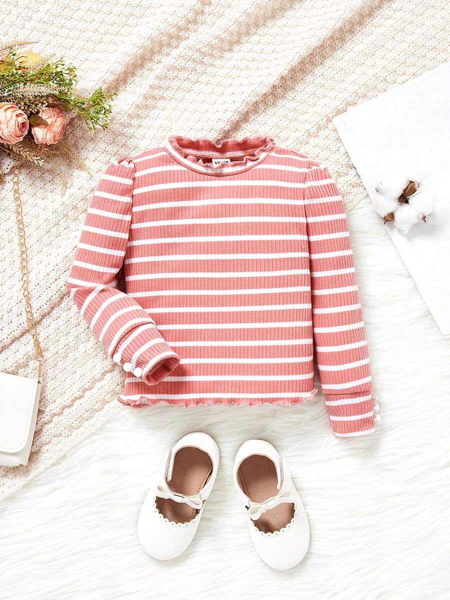 SHEIN Camiseta De Bebé Niña Con Ribete De Lechuga Y Estampado De Rayas - Rosa - Ver 1