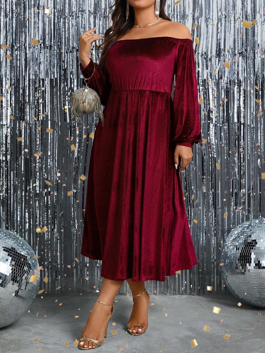 SHEIN Clasi Women's Plus Size Off-the-shoulder Lantern Sleeve Dress - Burgundy - View 1