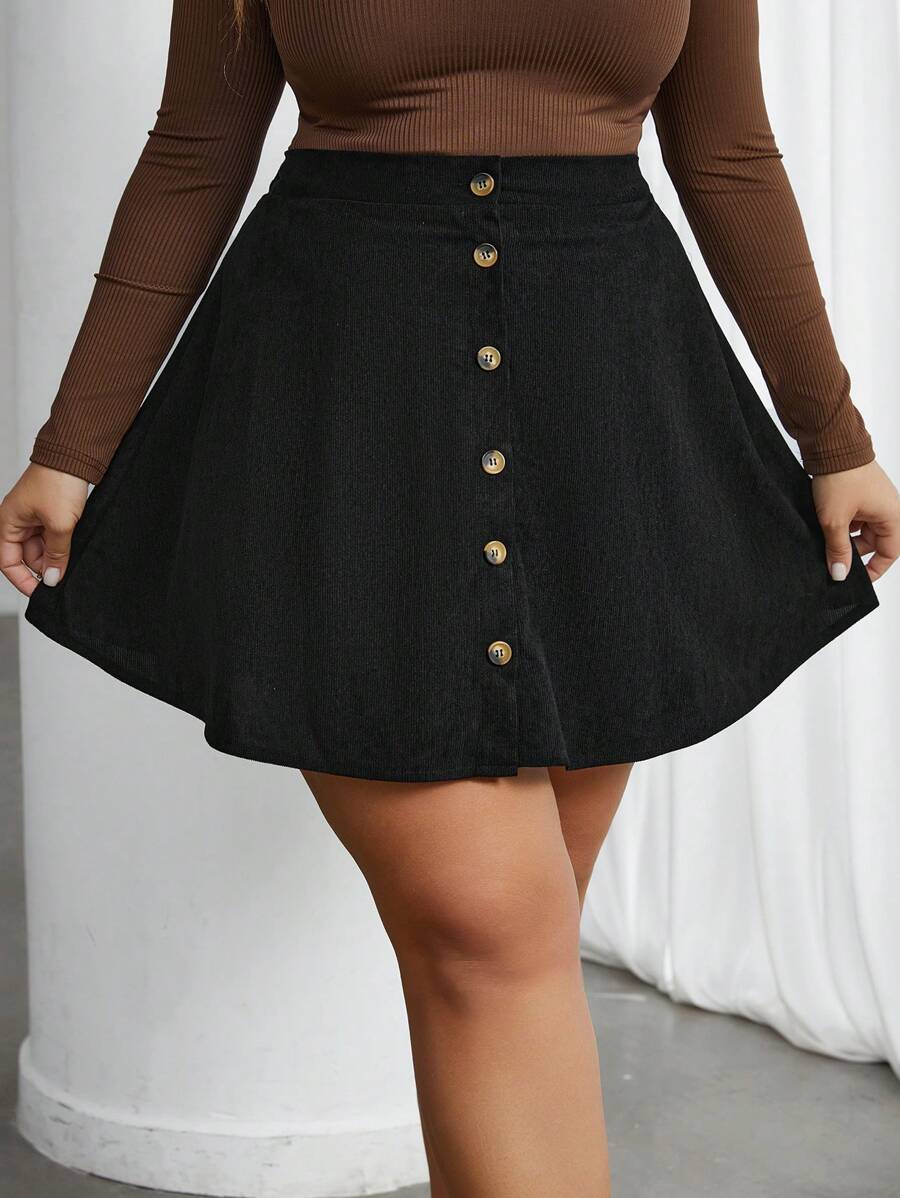 SHEIN Privé Rok Corduroy Warna Polos untuk Wanita Ukuran Plus, Kasual Sehari-hari, Sederhana, Serbaguna, Gaya Kampus - Hitam - View 1