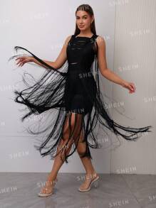 露肩性感流蘇綁帶緊身連身裙,適用於雞尾酒派對 - 黑色 - 查看 4