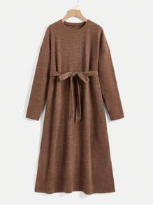 SHEIN 孕婦落肩袖下擺開叉繫腰帶洋裝 - 棕色 - 查看 8