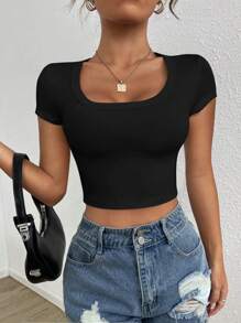 SHEIN EZwear 圓領純色簡約全配短袖t恤 - 黑色 - 查看 4