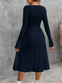 SHEIN Clasi V領帶式休閒女士毛衣裙 - 藏蓝色 - 查看 2