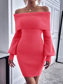 SHEIN Essnce Off-shoulder Sọc Dày Đầm Áo len Đối với phụ nữ - Màu Hồng Tươi - Xem 1