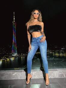 SHEIN BAE Women's Slim Fit Fashionable Jeans With Rhinestone Decoration - Dark Wash - View 4