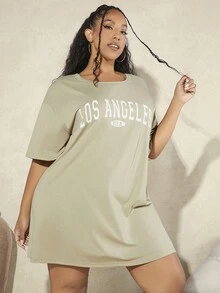 SHEIN CURVE+ 大尺碼女用寬鬆字母印花 T 卹連身裙 - 薄荷綠 - 查看 5
