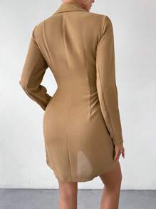 Chiquease Women's Notched Lapel Single Breasted Pleated Blazer - Coffee Brown - View 2