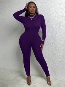 Slaydiva Women's Plus Size Stand Collar Slim Fit Jumpsuit - Purple - View 5