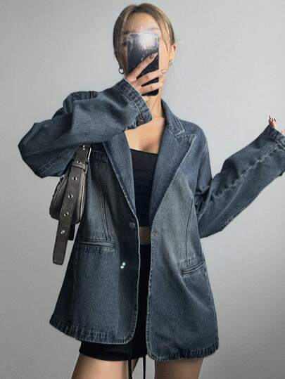 Dazy Star Pointed Collar Single-Breasted Washed Denim Jacket,Back To School Clothes