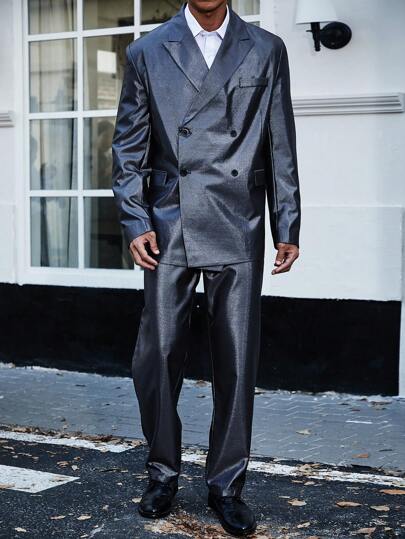 Manfinity AFTRDRK Men's Plus Size Double Breasted Suit Set With Sharp Lapel