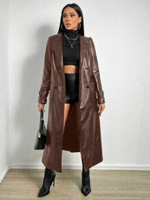 SHEIN x Carly Lawrence BamGleam 女士棕色仿皮风衣，秋冬季款 - 棕色 - 查看 6