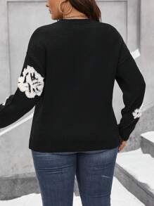 Calvaya Plus Size Flower Pattern Drop Shoulder Sweater Knit Pullover Fall Winter Sweater - Black - View 2