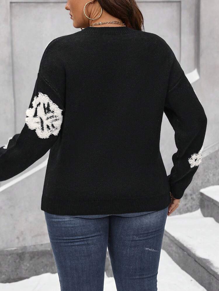 Plus Size Flower Pattern Drop Shoulder Sweater Knit Pullover Fall Winter Sweater