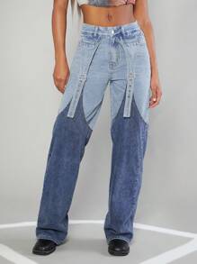 Modische Patchwork Jeans Mit Geradem Bein Für Damen - Mittele Waschung - Übersicht 4